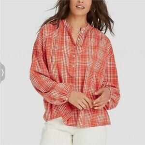 Universal Thread Top Blouse Women's XL Red Plaid  Balloon Long Sleeve Peasant